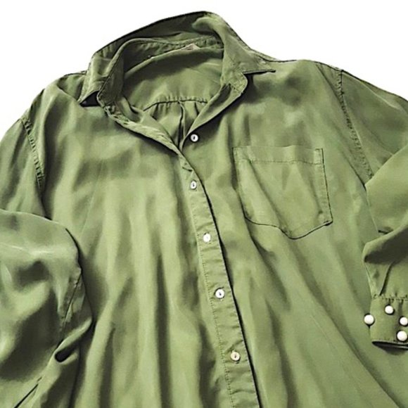 ZARA Forest Green Lyocell Womens Hi-Low Blouse White Pearl Cuffs L-Sleeve Collar - Picture 7 of 14